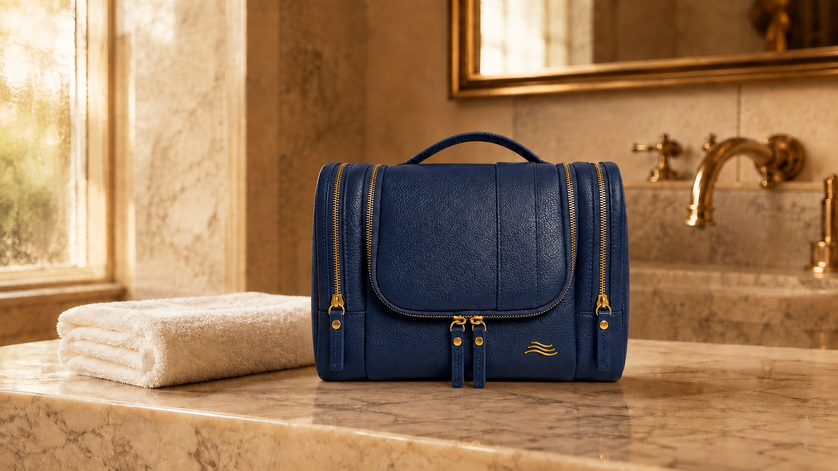 ORKAI Dopp Kit on a marble vanity