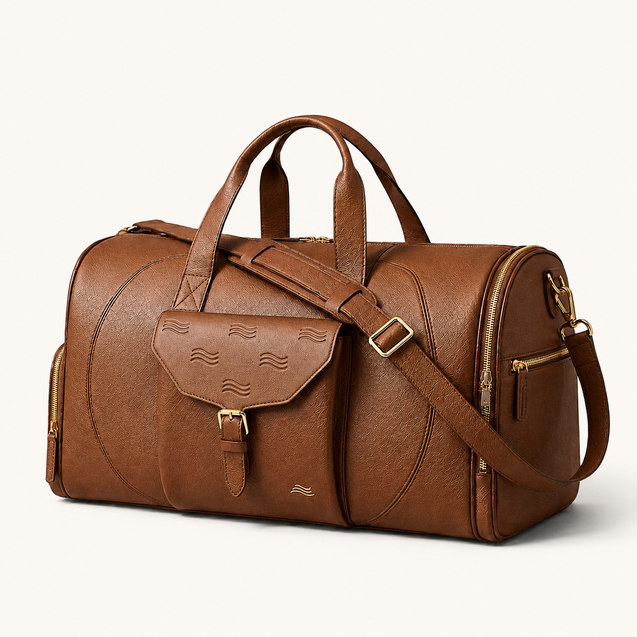 ORKAI custom Lifestyle Carry in classic camel leather with brass hardware on a marble table