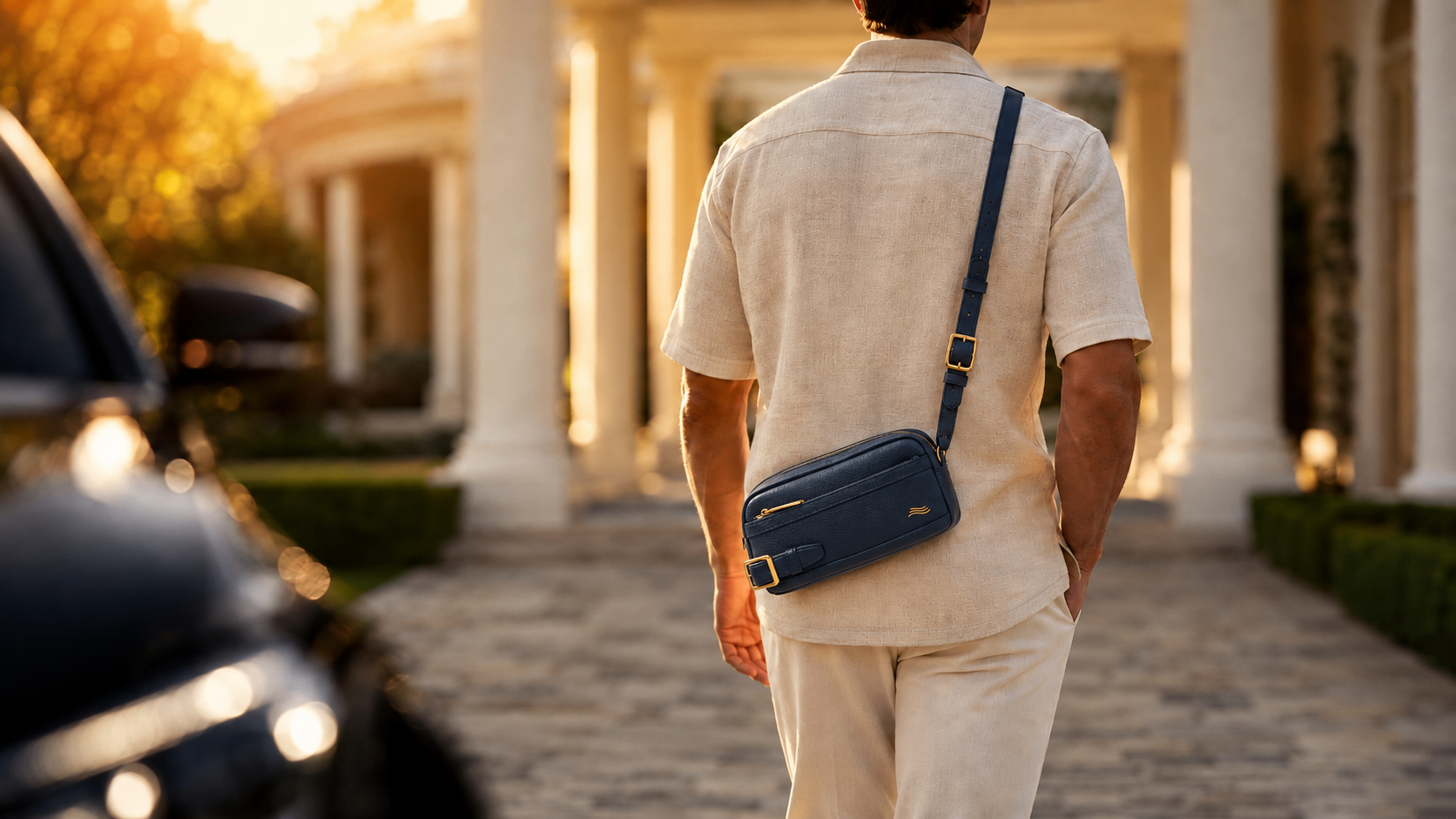 ORKAI Travel Pouch worn across the shoulder at golden hour