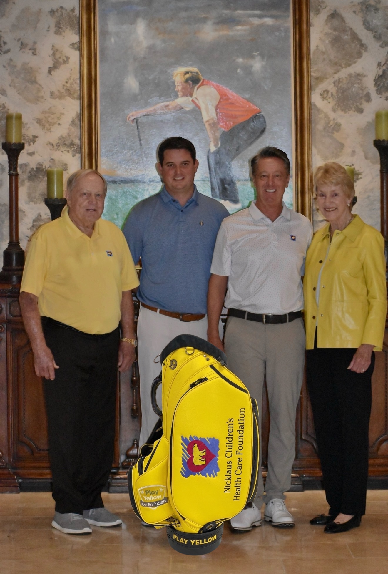 The Nicklaus Commission — yellow Play Yellow staff bag for the Nicklaus Children’s Health Care Foundation with embroidered crest