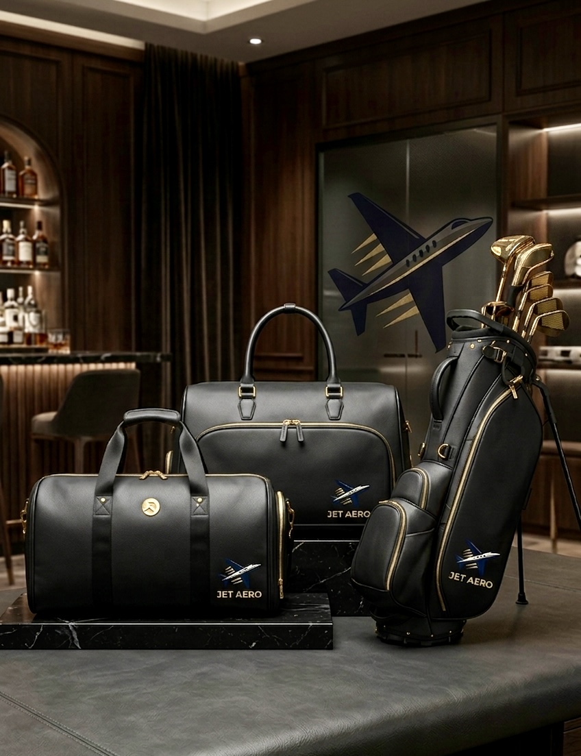 ORKAI private-label black leather golf bag and matching travel pieces with gold hardware